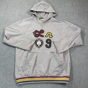 LRG Hoodie Men Large Gray Pullover Graphic Patch Lion Logo Striped Hem Streetwea